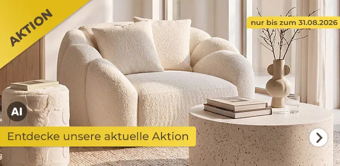 Aktionsbanner 8% Rabatt auf Sessel, Hocker & Tische: Heller moderner Raum mit weiß/beiger Dekoration. Im Fokus: uno Sessel Liv - Modernes Design, Eyecatcher für jeden Raum, Trendy Boucléstoff in Creme. Maße: Gesamthöhe 83 cm, Sitzhöhe 47 cm, Gesamttiefe, 134 cm, Gesamtbreite 151 cm