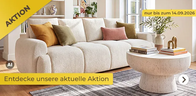 Aktionsbanner 8% Einzelsofas & Couchtische: Helle moderne Stadtwohnung. Helles Parkett, große, bodentiefe Fenster. Heller Wohnraum mit bunter Dekoration. Im Fokus: Big Sofa Alba, Moderne Bubble-Optik, Inklusive Schlaffunktion, Geräumiger Bettkasten. Stoff Boucle. Farbe: Natur. Maße: Gesamthöhe 93 cm, Sitzhöhe 48 cm, Gesamttiefe, 104 cm, Gesamtbreite 242 cm