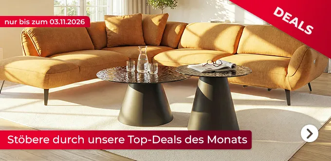 Deal-Banner. Nur bis zum 03.11.2026. Stöbere durch unsere Top-Deals des Monats. Artikel: Beistelltisch Josef (40321609) und Couchtisch Joris (40321608). Im Hintergrund ein gelbes Sofa. Helles, lichtdurchflutetes Wohnzimmer.