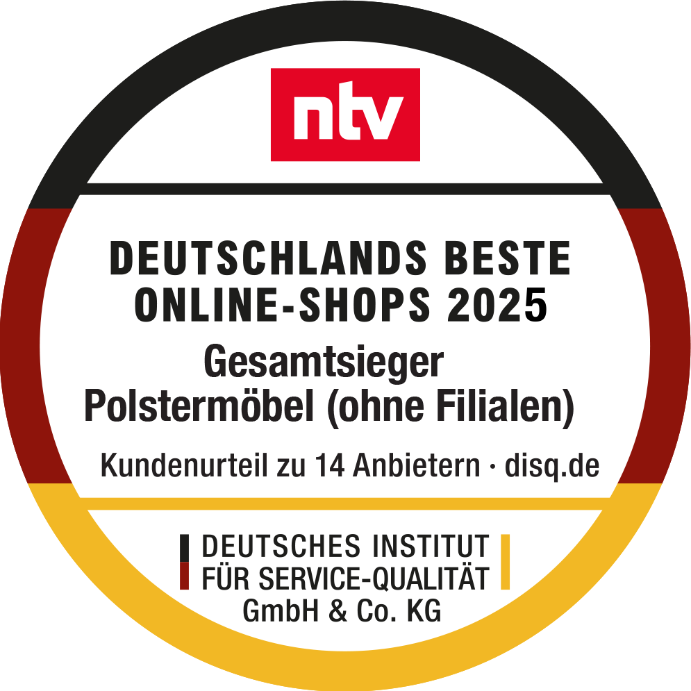 Mehr Infos unter sofa.de/auszeichnungen - n-tv, Deutschlands beste Onlineshops 2025, Polstermöbel (ohne Filalnetz), Preisträger Platz 1-3, Kundenurteil zu 14 Anbietern, www.disq.de, Deutsches Institut für Service-Qualität GmbH & Co KG