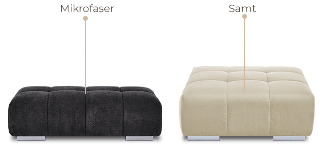 Auswahl zwischen Hocker in Samt oder Mikrofaser und verschiedenen Farben