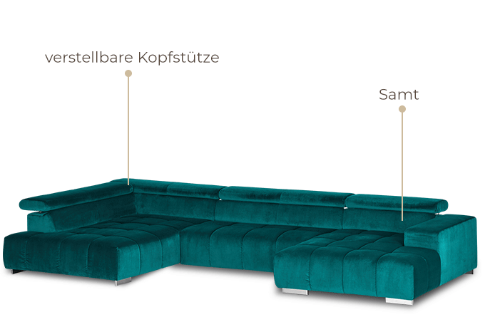 Wohnlandschaft mit dem Hinweis auf Samt & verstellbaren Kopfstützen