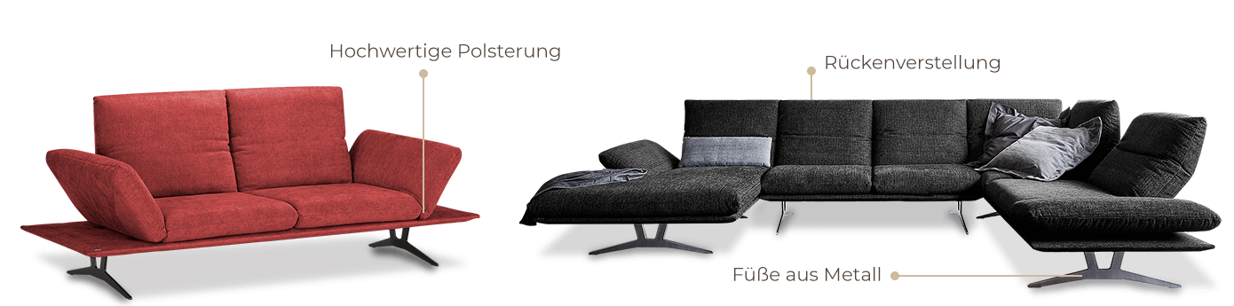 GIF mit zwei Sofas, das eine zeigt die hochwertige Polsterung, das andere die Rückenverstellung und die Füße aus Metall