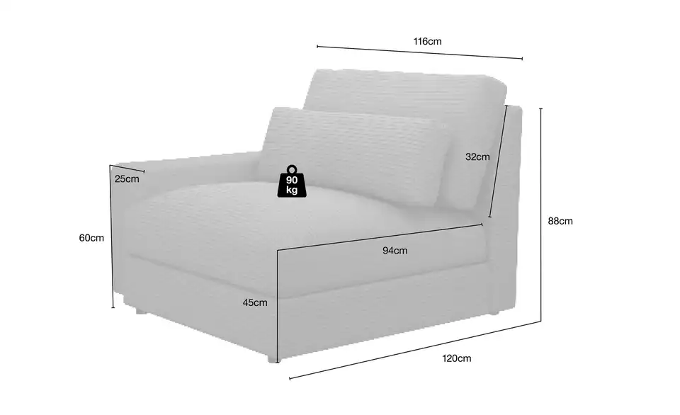 Element Branna Einsitzer Armlehne links, Bemaßung