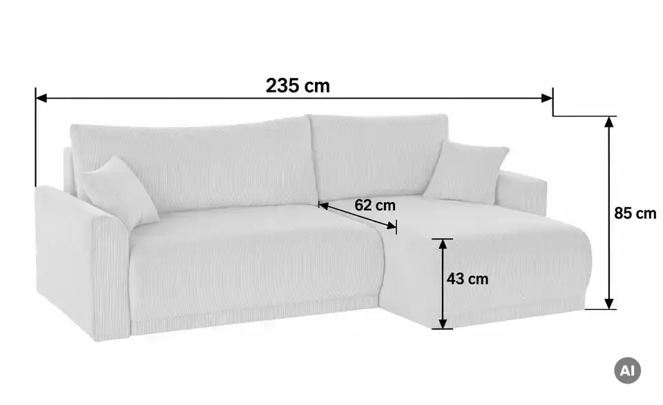 Ecksofa Malyn mit Schlaffunktion, Bemaßung