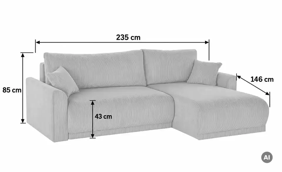 Ecksofa Malyn mit Schlaffunktion, Bemaßung