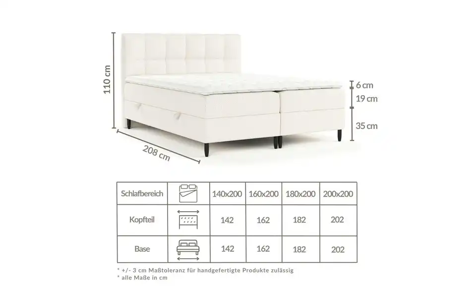 Boxbett mit Stauraum, Bemaßung