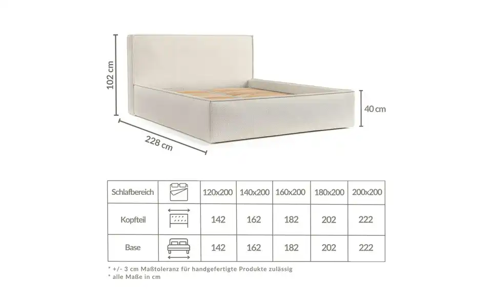 Polsterbett mit Stauraum, Bemaßung