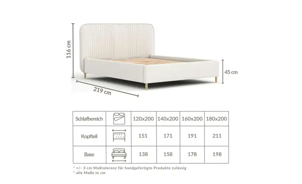 Polsterbett mit Stauraum, Bemaßung