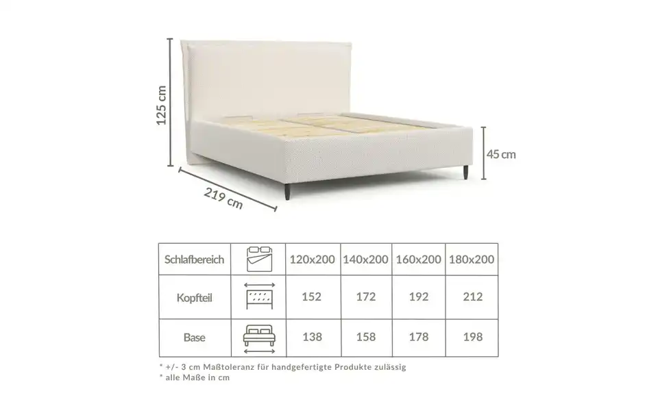 Polsterbett mit Stauraum, Bemaßung