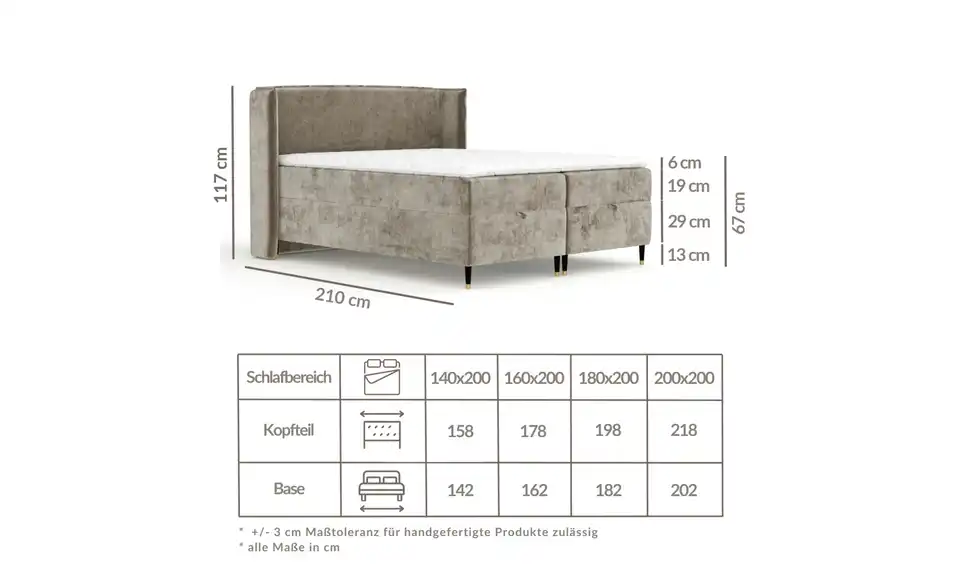 Boxbett mit Stauraum, Bemaßung