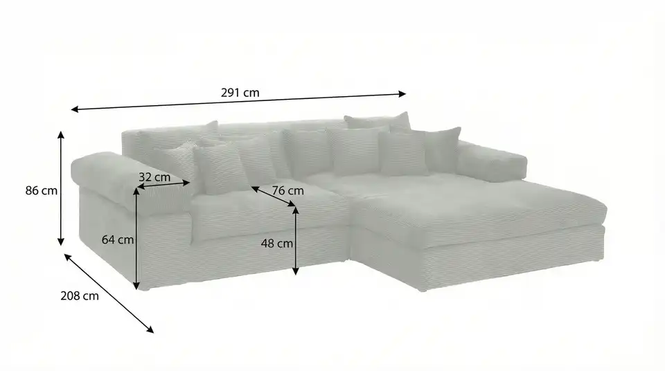 smart Ecksofa Lianea in modernem Cord, Bemaßung