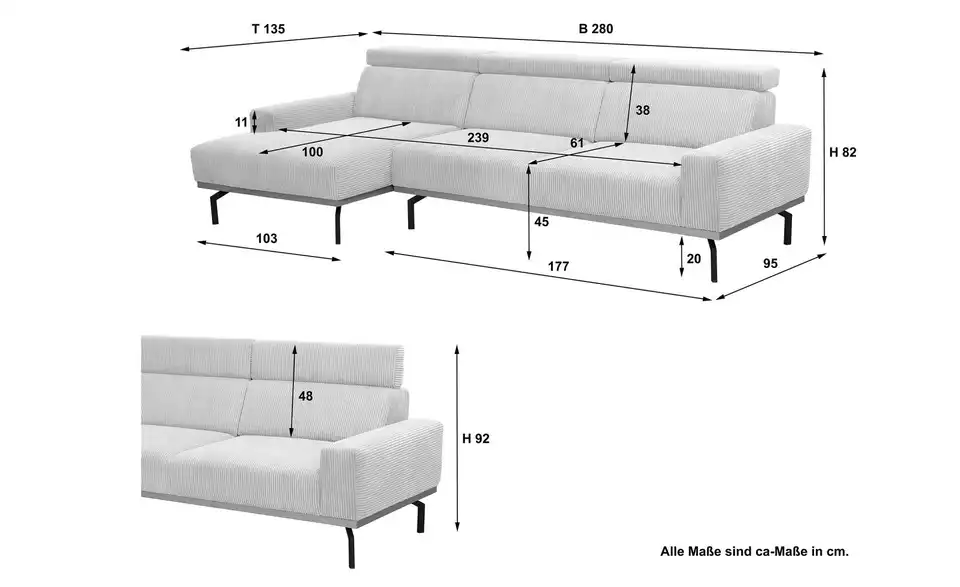 Max Winzer Ecksofa mit Holzsockel Emmi, Bemaßung