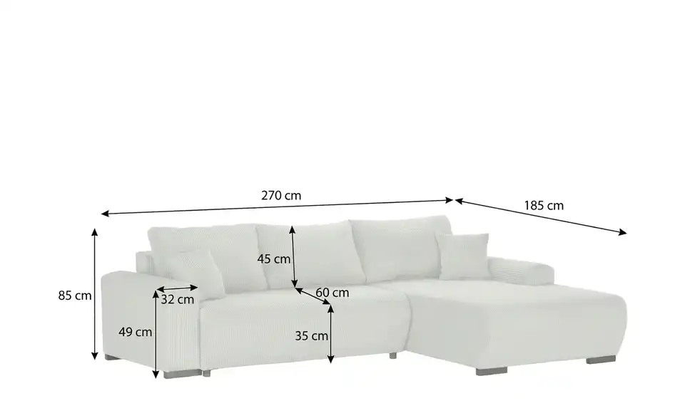 Ecksofa Nelly mit Schlaffunktion, Bemaßung