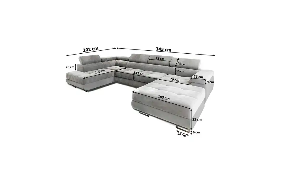 MASSENO Wohnlandschaft Casone mit Schlaffunktion, Bemaßung