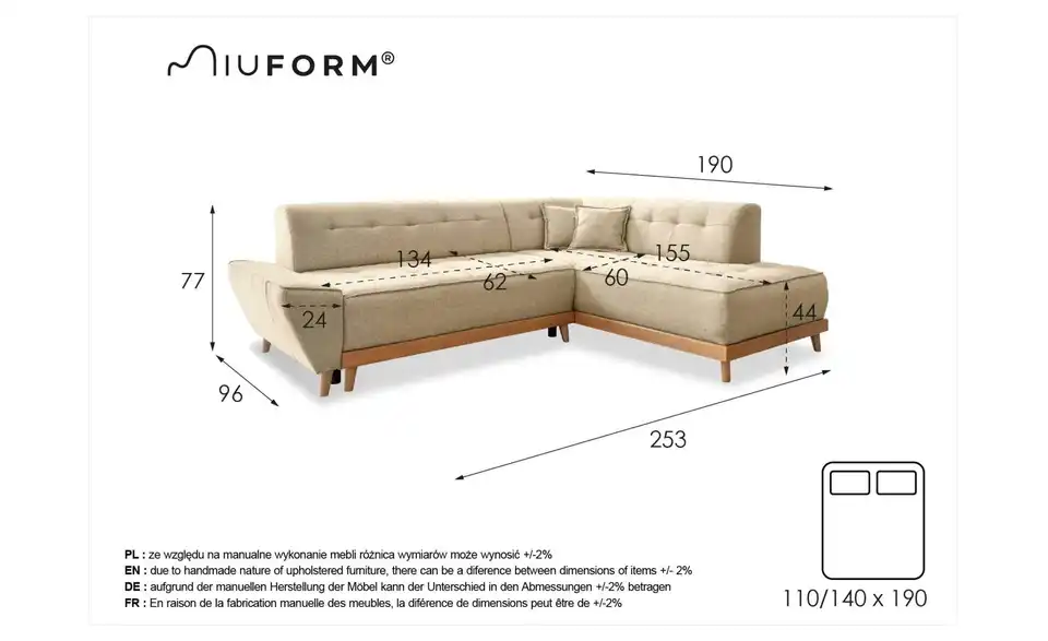 Miuform Ecksofa Dazzling Daisy mit Schlaffunktion, Bemaßung