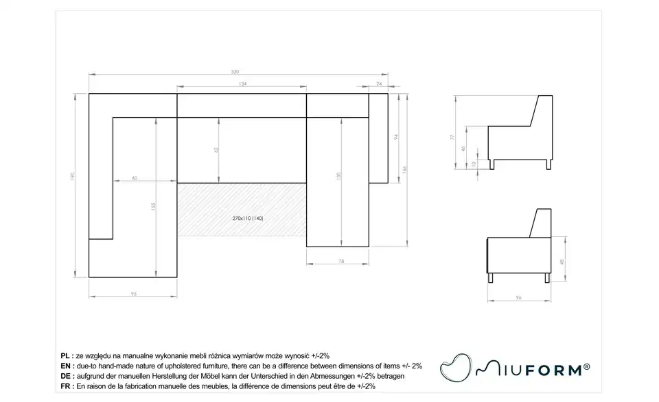 Miuform Wohnlandschaft Dazzling Daisy mit Schlaffunktion, Bemaßung