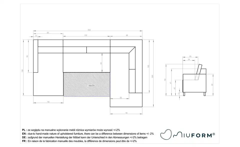 Miuform Wohnlandschaft Charming Charlie mit Schlaffunktion, Bemaßung