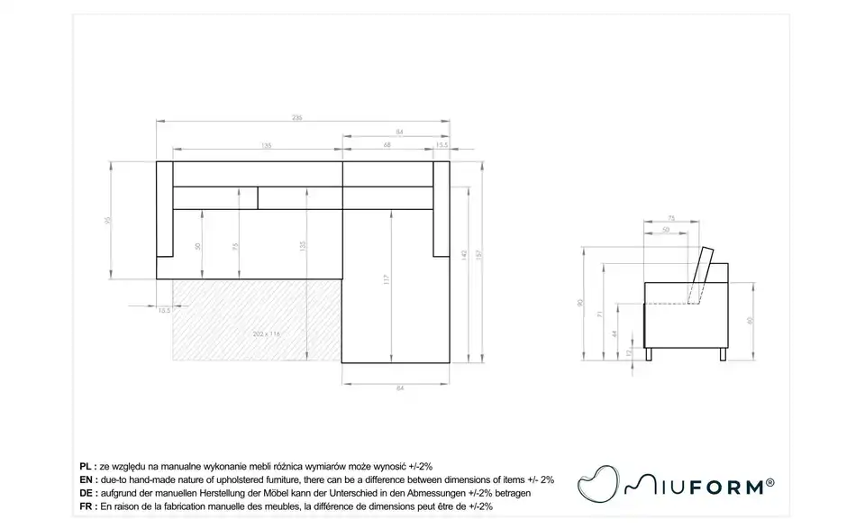 Miuform Ecksofa Scandic Lagom mit Schlaffunktion, Bemaßung