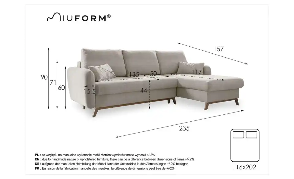 Miuform Ecksofa Scandic Lagom mit Schlaffunktion, Bemaßung