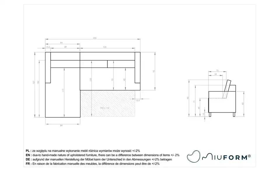 Miuform Ecksofa Scandic Lagom mit Schlaffunktion, Bemaßung
