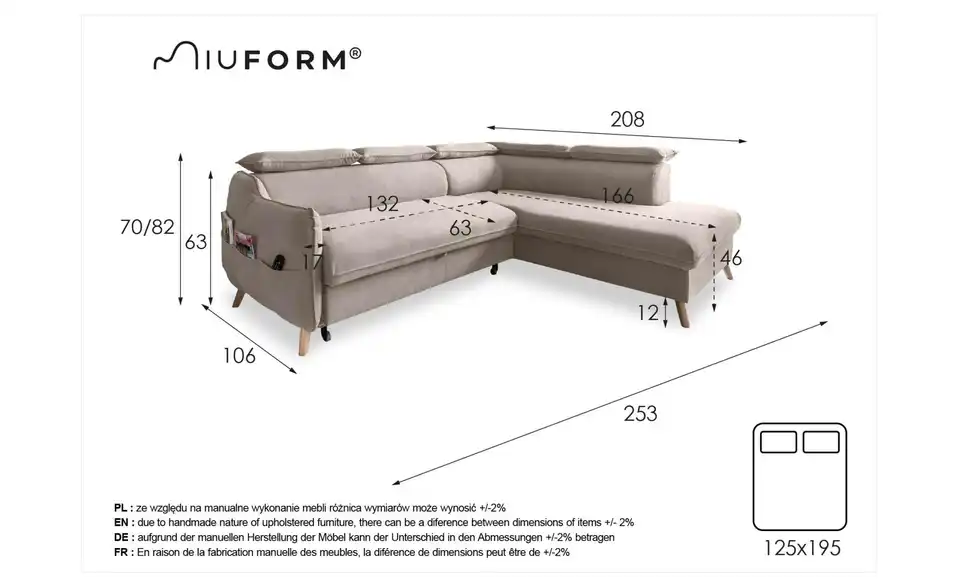 Miuform Ecksofa Sweet Harmony mit Schlaffunktion, Bemaßung