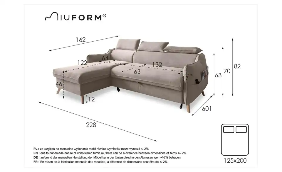 Miuform Ecksofa Sweet Harmony mit Schlaffunktion, Bemaßung