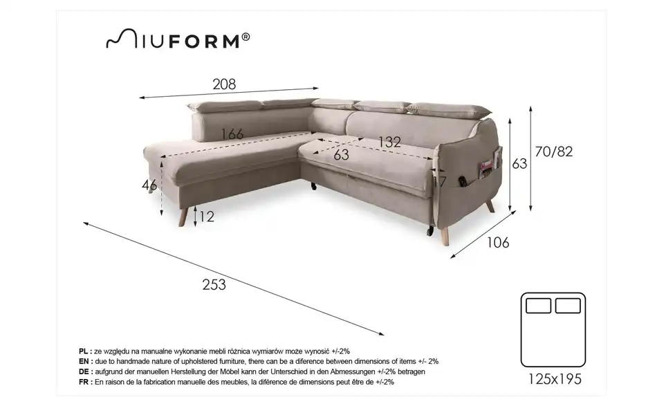 Miuform Ecksofa Sweet Harmony mit Schlaffunktion, Bemaßung