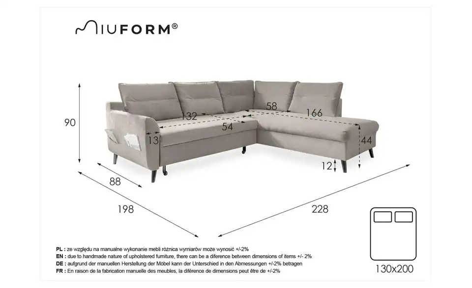 Miuform Ecksofa mit Schlaffunktion, Bemaßung