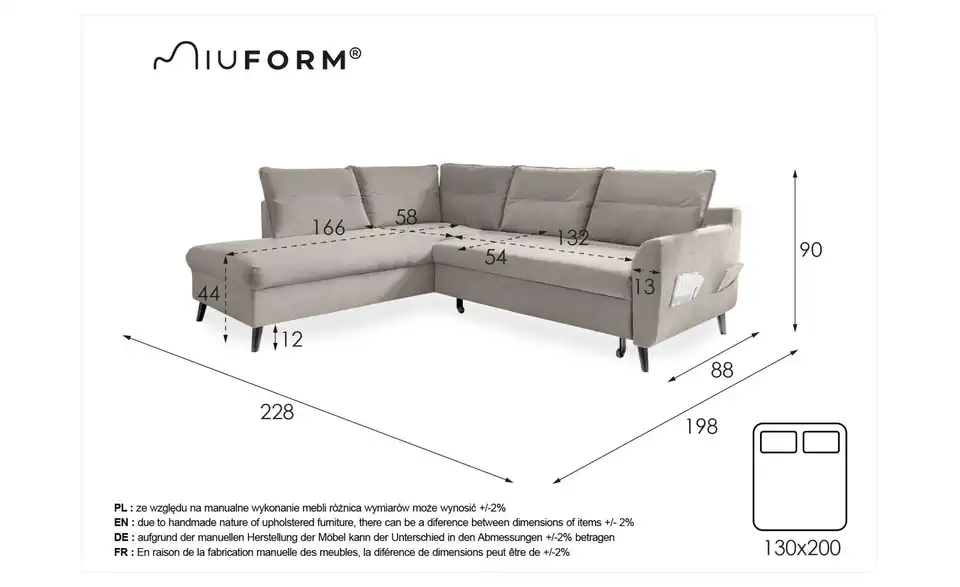 Miuform Ecksofa mit Schlaffunktion, Bemaßung