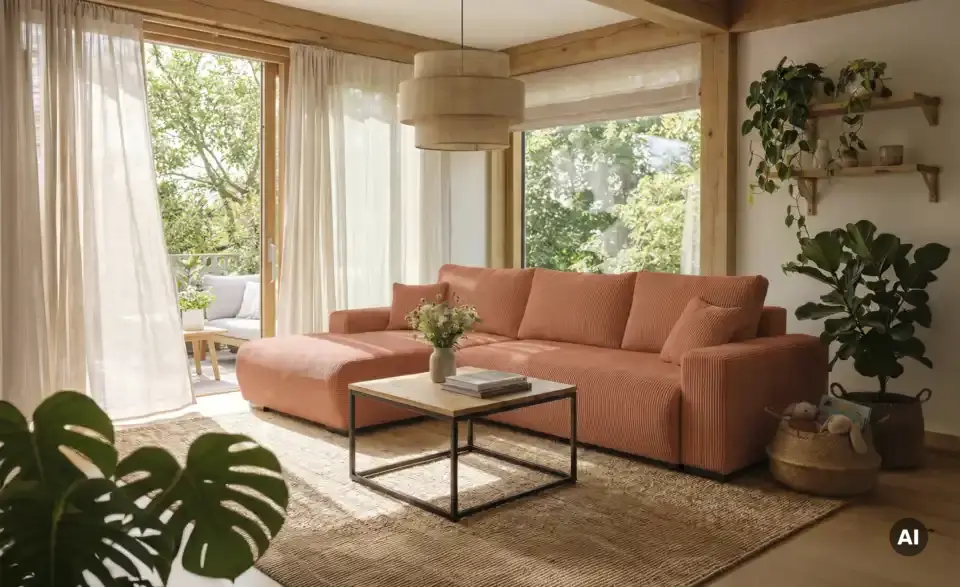 Ecksofa Nelly mit Schlaffunktion, in Wohnsituation