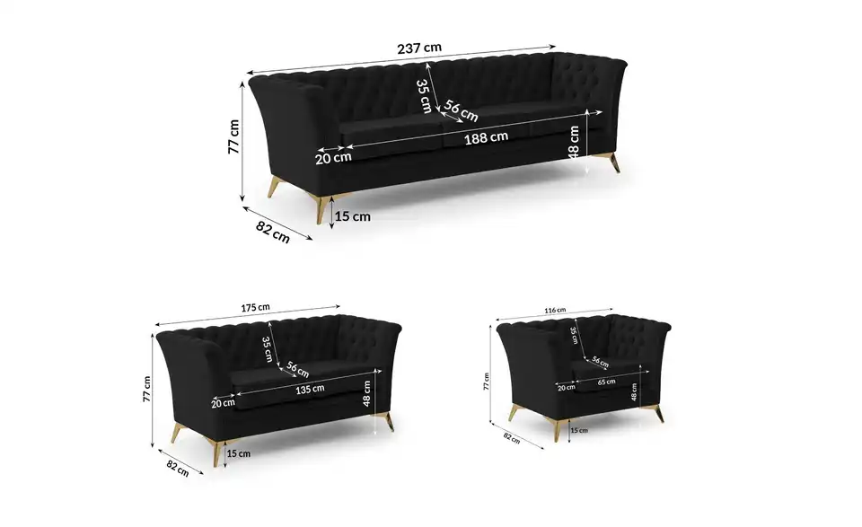 Polstergarnitur 3+2+1, Bemaßung