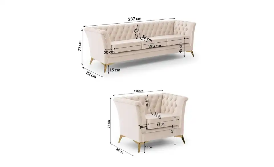 Polstergarnitur 3+1, Bemaßung