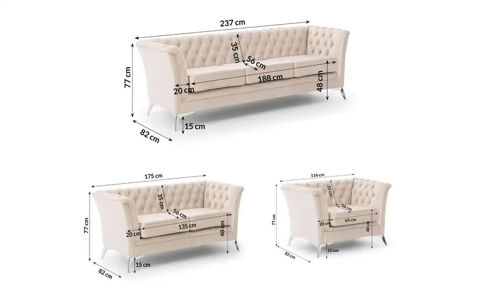 Polstergarnitur 3+2+1, Bemaßung