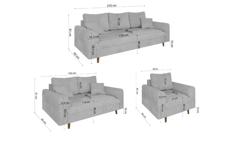 Polstergarnitur 3+2+1 Trygve, Bemaßung