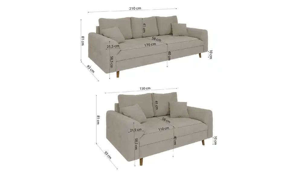 Polstergarnitur 3+2 Lars, Bemaßung