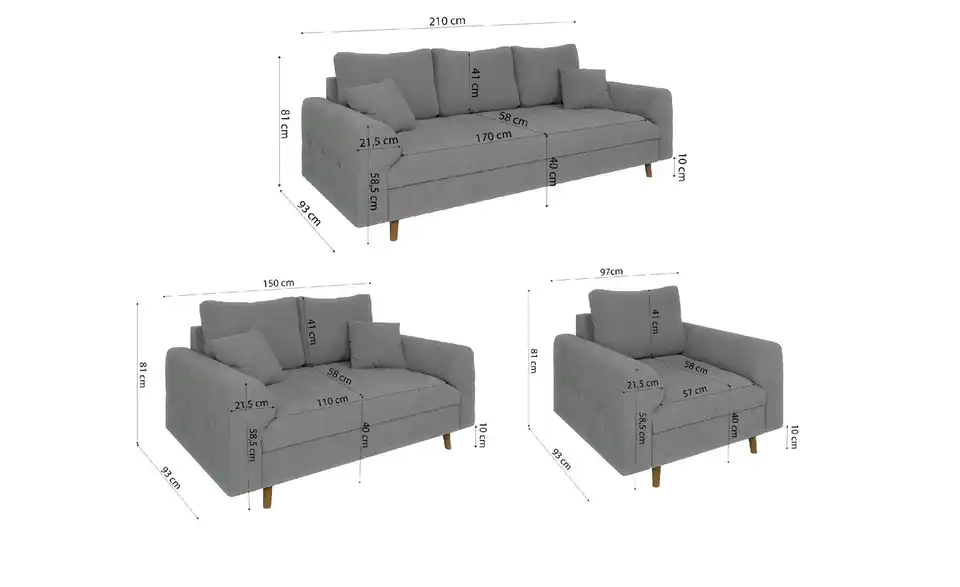 Polstergarnitur 3+2+1 Lars, Bemaßung