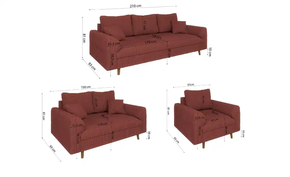 Polstergarnitur 3+2+1 Maya, Bemaßung