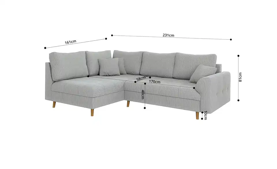 Ecksofa mit Hocker Maya, Bemaßung