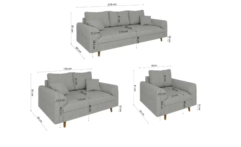 Polstergarnitur 3+2+1 Maya, Bemaßung