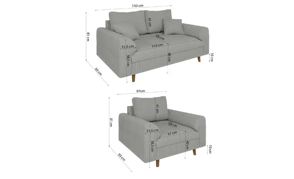 Polstergarnitur 2+1 Maya, Bemaßung