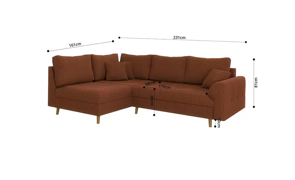 Ecksofa mit Hocker Maya, Bemaßung