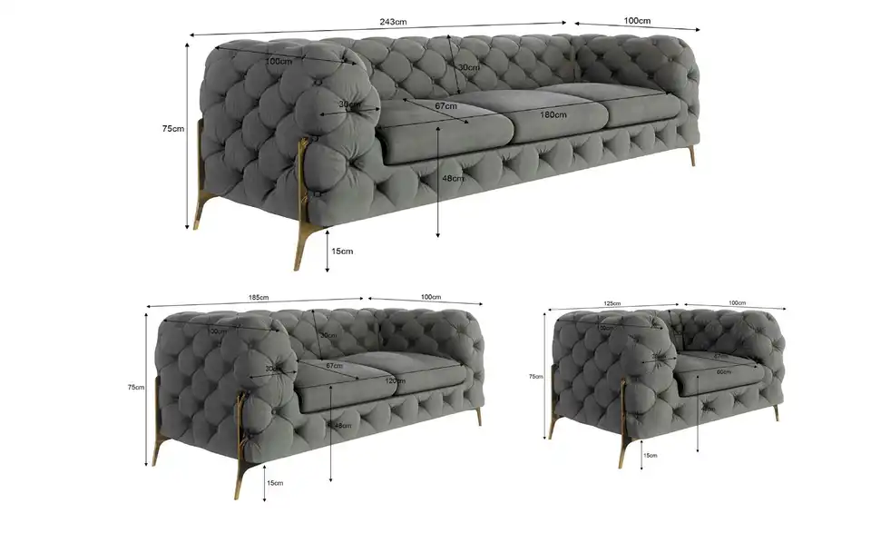 Polstergarnitur 3+2+1, Bemaßung