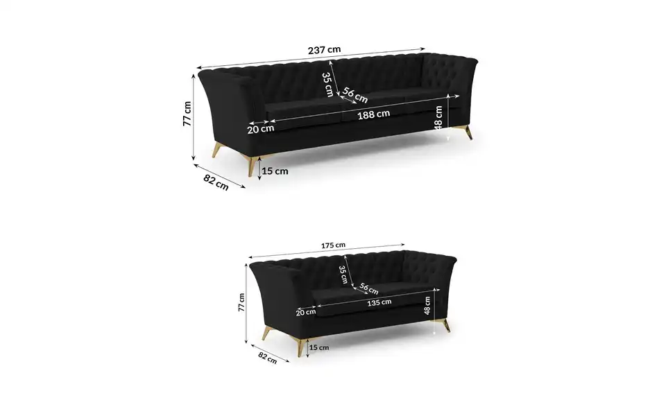 Chesterfield Polstergarnitur 3+2 Wilhelm, Bemaßung