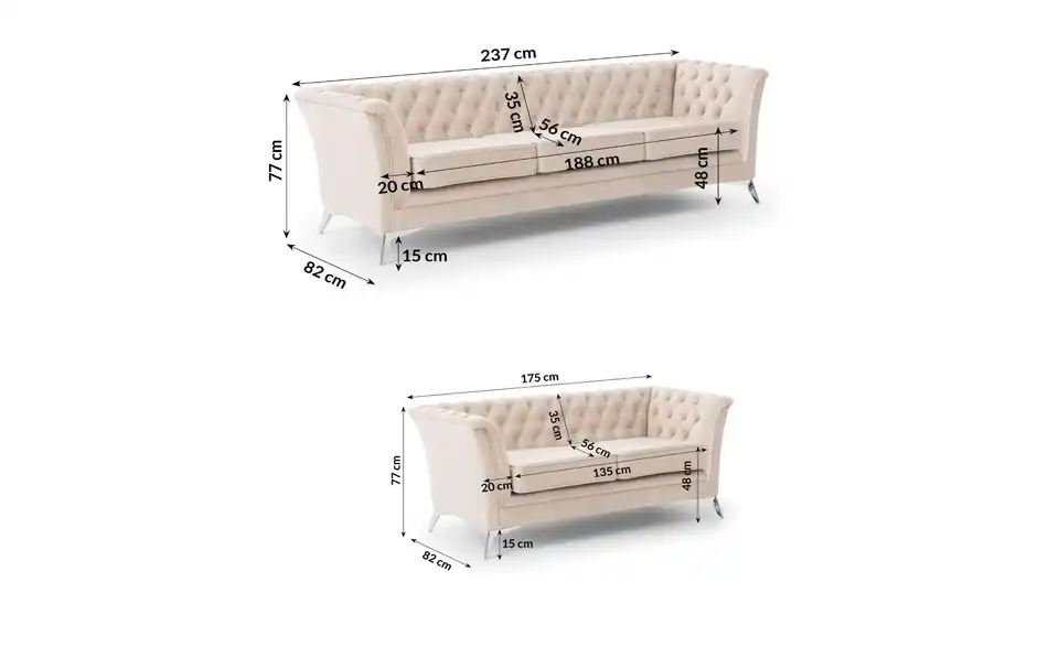 Chesterfield Polstergarnitur 3+2 Wilhelm, Bemaßung