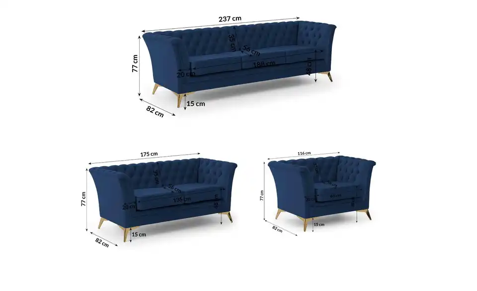 Polstergarnitur 3+2+1, Bemaßung