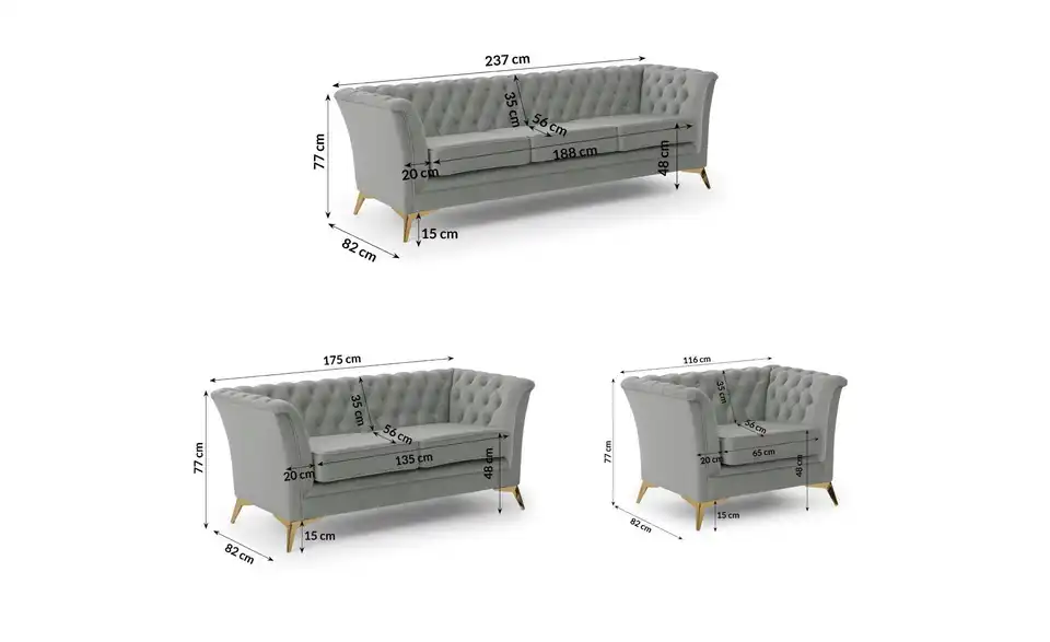 Chesterfield Polstergarnitur 3+2+1 Wilhelm, Bemaßung