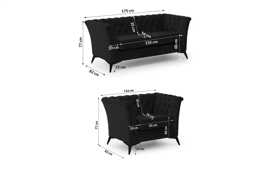 Polstergarnitur 2+1, Bemaßung
