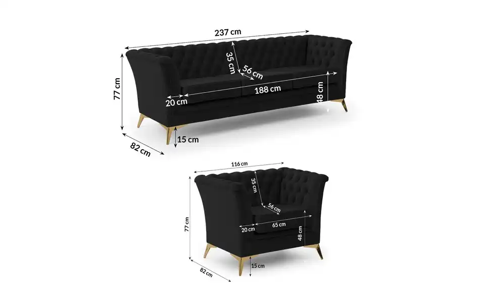 Chesterfield Polstergarnitur 3+1 Wilhelm, Bemaßung