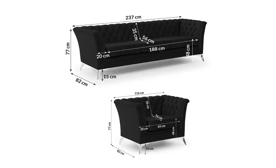 Chesterfield Polstergarnitur 3+1 Wilhelm, Bemaßung